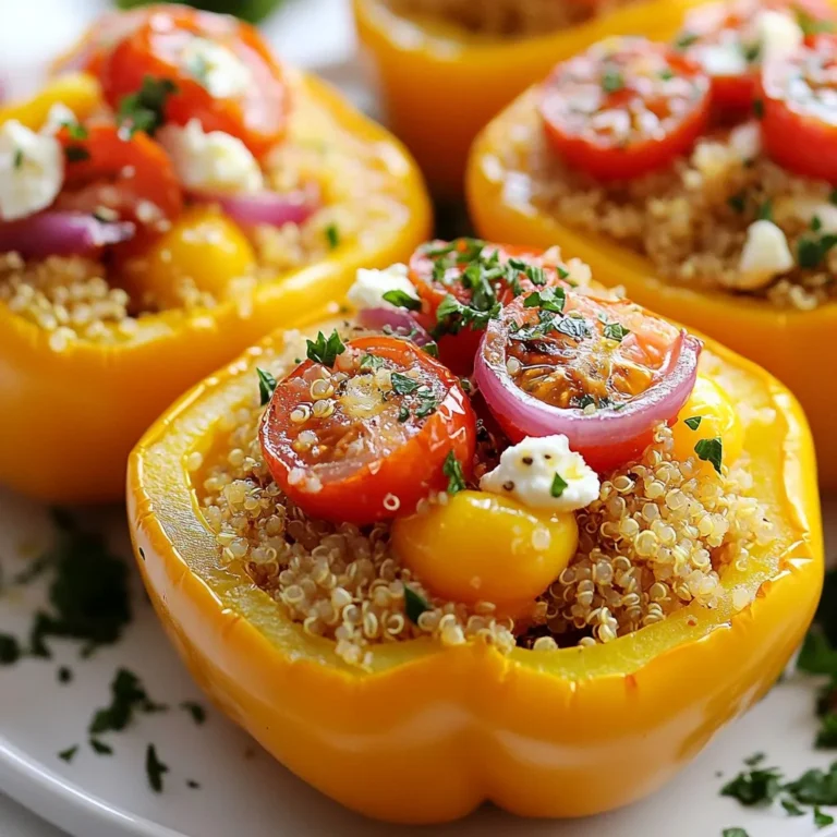 - 4 large bell peppers - 1 cup crumbled feta cheese - 1 cup cooked quinoa - 1 small red onion - 1 cup cherry tomatoes - 2 cloves garlic - Dried oregano and smoked paprika - Extra virgin olive oil - Salt and freshly ground black pepper - Fresh parsley for garnish For this baked feta stuffed peppers recipe, I love using a mix of colorful bell peppers. The colors make the dish fun and bright. You need four large bell peppers. They should be firm and fresh. Next, feta cheese adds a tangy flavor. I use one cup of crumbled feta cheese. It blends well with the other ingredients. Quinoa is a great base for the filling. Use one cup of cooked quinoa that has cooled. It gives the dish a nice texture and adds protein. Chop one small red onion finely. It gives a slight sweetness and crunch. You also need one cup of cherry tomatoes, cut in half. They add freshness and juiciness. Don't forget two cloves of garlic, minced. Garlic brings a strong, savory taste. Seasonings are key. Use dried oregano and smoked paprika to add depth. To bind everything together, use two tablespoons of extra virgin olive oil. It keeps the mixture moist and flavorful. Finally, salt and freshly ground black pepper are essential. They enhance all the flavors. For garnish, fresh parsley adds color and a fresh taste. It's the perfect finishing touch. Gather these ingredients, and you are ready to create a tasty meal. {{ingredient_image_2}} 1. Preheat the oven to 375°F (190°C). This warms the oven for even cooking. 2. Prepare the baking dish. Use a large dish that fits all four peppers. 3. Cut the tops off each bell pepper. Remove seeds and membranes inside. 4. Stand the peppers upright in the baking dish. This helps them stay stable while baking. 1. In a large bowl, combine the following: - 1 cup crumbled feta cheese - 1 cup cooked quinoa (make sure it’s cooled) - 1 small red onion, finely chopped - 1 cup halved cherry tomatoes - 2 cloves minced garlic 2. Add seasonings to the mixture: - 1 teaspoon dried oregano - 1 teaspoon smoked paprika - Salt and freshly ground black pepper to taste 3. Drizzle with 2 tablespoons of extra virgin olive oil. 4. Mix everything well until all ingredients are combined and coated. 1. Stuff each pepper with the feta mixture. Pack it in gently but fully. 2. Drizzle a bit more olive oil over the tops of the stuffed peppers for added flavor. 3. Cover the baking dish loosely with aluminum foil. This keeps the peppers moist. 4. Bake for 25-30 minutes. Check for fork-tender peppers. 5. Remove the foil and bake for an extra 10 minutes. This makes the tops golden and crispy. 6. Let the peppers cool for a few minutes after baking. This helps with serving. 7. Garnish with chopped parsley for a fresh touch before serving. How to choose the best bell peppers When picking bell peppers, look for firm ones. Select peppers with bright colors. Red, yellow, and green peppers all work well. Avoid any with soft spots or blemishes. These can affect taste and texture. Tips for cooking quinoa To cook quinoa perfectly, rinse it first. This removes any bitter taste. Use two cups of water for every cup of quinoa. Bring it to a boil, then reduce heat to low. Cover it and let it simmer for about 15 minutes. Once done, fluff it with a fork. Suggestions for extra seasonings You can add more spices for depth. Consider adding crushed red pepper for heat. Lemon zest can brighten up the flavors. A dash of cumin also adds warmth and earthiness. Ideas for adding textures or crunch To add crunch, sprinkle chopped nuts on top. Pine nuts or walnuts work great. You can also mix in some breadcrumbs before baking. This gives a nice crispy topping. Plating suggestions for serving Arrange the stuffed peppers upright on a large plate. A rustic wooden board adds charm. Drizzle extra olive oil around the peppers for a nice finish. Garnishing for visual appeal Sprinkle fresh parsley on top for color. You can also add thin slices of lemon. This makes the dish look bright and fresh. Pro Tips Choose Colorful Peppers: Using a mix of bell pepper colors not only enhances visual appeal but also adds a variety of flavors. Cool Quinoa Before Mixing: Ensure your cooked quinoa is cooled before combining it with other ingredients to prevent the feta from melting prematurely. Enhance Flavor with Fresh Herbs: Try adding fresh herbs like basil or mint to the stuffing for an extra layer of flavor and freshness. Experiment with Cheese: While feta is delicious, feel free to mix in other cheeses like goat cheese or mozzarella for a different taste experience. {{image_4}} You can change the flavors by swapping ingredients. Instead of quinoa, try rice or couscous. Mix in different veggies like zucchini or spinach for a fresh twist. For cheese, you can use goat cheese or mozzarella. Each option brings a new taste to your baked feta stuffed peppers. If you're gluten-free, just use quinoa or rice. Both are safe and tasty! For vegetarians, this dish is already perfect. To make it vegan, swap feta for a plant-based cheese. Cashew cheese works well, and it adds creaminess without dairy. Pair your peppers with a side salad or crusty bread. A drizzle of balsamic glaze can add a nice touch. For gatherings, arrange the peppers on a large platter. You can serve them with dips like tzatziki or hummus for extra flavor. To keep your Baked Feta Stuffed Peppers fresh, follow these tips: - Refrigeration: Place the leftovers in an airtight container. They will last up to 3 days in the fridge. Make sure they cool to room temperature before sealing. - Freezing: You can freeze the stuffed peppers. Wrap each one in plastic wrap, then place them in a freezer-safe bag. They can stay fresh for about 3 months. When it’s time to enjoy your leftovers, here’s how to reheat them properly: - Best Methods: The oven works best. Preheat it to 350°F (175°C). Place the peppers in a baking dish and cover with foil. Heat for about 20 minutes or until they are warm. - Maintain Texture: To keep the peppers tender, don’t microwave them. Microwaving can make them mushy. Always check the center to ensure it’s hot throughout. Can I make these ahead of time? Yes, you can prep the stuffed peppers ahead. Just prepare and stuff them, then cover and store in the fridge. Bake them when you're ready to eat. What can I substitute for feta cheese? You can use goat cheese or ricotta if you want a different taste. Both work well in this recipe. How long do stuffed peppers last in the refrigerator? Stuffed peppers last for about 3 to 5 days in the fridge. Just make sure you store them in an airtight container. Can I use other types of peppers or vegetables? Absolutely! You can use poblano or jalapeño peppers for a spicy kick. Zucchini or eggplant also work great as alternatives. Baked feta stuffed peppers unite fresh ingredients and simple steps. You learned how to prep the peppers, combine the stuffing, and bake them to perfection. With tips on swaps, dietary adjustments, and storage, you can make this dish your own. Feel free to experiment with flavors and presentation. Remember, it’s all about enjoying good food with family and friends. Dive in and savor every bite of this colorful dish!