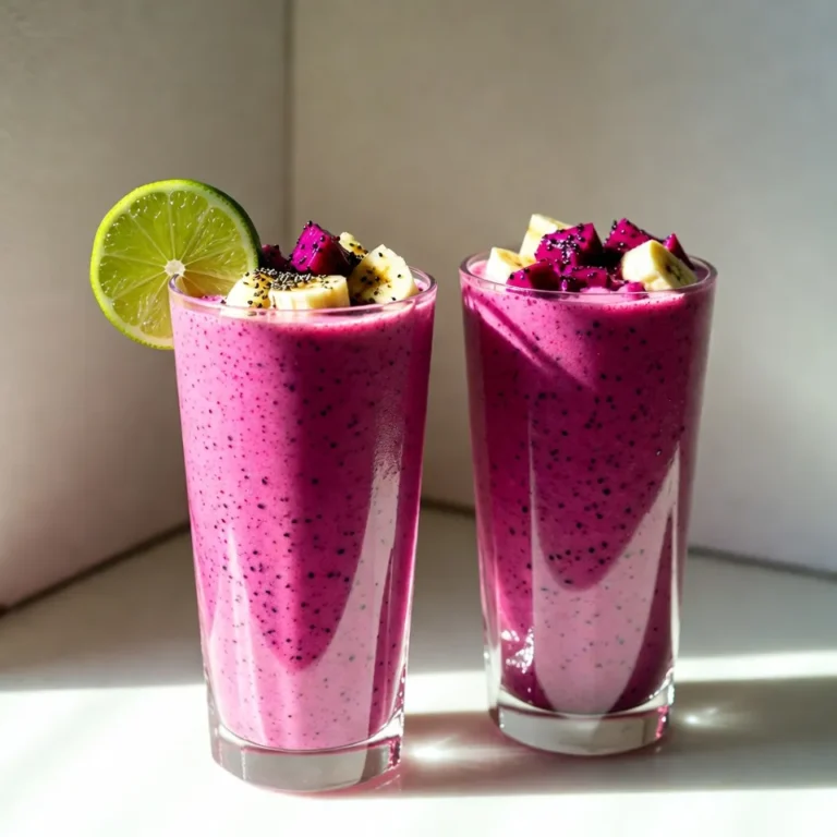 To make a Tropical Dragon Fruit Smoothie, you need these tasty ingredients: - 1 ripe dragon fruit, peeled and diced - 1 frozen banana - 1 cup coconut water - 1/2 cup pineapple chunks - 1/2 cup Greek yogurt or dairy-free alternative - Juice of 1 lime - 1 tablespoon honey or agave syrup (optional) - Ice cubes (optional) Each ingredient plays a key role in flavor and texture. The dragon fruit adds a vibrant color and mild taste. The frozen banana gives the smoothie a creamy feel. Coconut water brings a refreshing touch, while pineapple adds sweetness and tang. Greek yogurt thickens the mix and adds protein. Lime juice brightens everything up, and honey or agave syrup can sweeten it, if you like. Ice cubes can make your smoothie thicker and colder, perfect for hot days. Gather these ingredients before you start. This way, you can blend quickly and enjoy your smoothie in no time! {{ingredient_image_2}} - Step 1: Combining ingredients in the blender First, gather all your ingredients. Place the diced dragon fruit, frozen banana, coconut water, pineapple chunks, Greek yogurt, and lime juice in your blender. Make sure to measure each one for the best taste. - Step 2: Blending to a smooth consistency Blend the mixture on high speed. Watch as it transforms into a vibrant smoothie. If needed, pause to scrape down the sides of the blender. This ensures every bit gets blended well. - Step 3: Adjusting sweetness and thickness After blending, taste your smoothie. If you want it sweeter, add honey or agave syrup. Blend again briefly to mix it in. If you prefer a thicker texture, toss in ice cubes. Blend once more until it reaches your desired thickness. Now you&rsquo;re ready to pour this refreshing drink into tall glasses! Enjoy the bright colors and fresh flavors. To pick the best dragon fruit, look for bright skin. The fruit should feel slightly soft when pressed. Avoid any that have dark spots or wrinkles. Store dragon fruit in the fridge to keep it fresh. It will last up to a week. To peel it, cut it in half and scoop out the flesh with a spoon. The vibrant color is a sign of sweetness. To make your smoothie thicker, add ice cubes before blending. This will give it a nice, frosty texture. You can also use frozen fruits like mango or banana. These not only thicken the smoothie but also enhance flavor. Garnishing makes your smoothie look fun and colorful. Try adding a slice of lime on the rim of the glass. You can also sprinkle chia seeds on top for an extra crunch. Serve with a colorful straw for a tropical vibe. This makes drinking your smoothie an exciting experience! Pro Tips Choose Ripe Dragon Fruit: When selecting dragon fruit, look for one with vibrant skin and slightly soft to the touch for optimal sweetness and flavor. Frozen Bananas for Creaminess: Using frozen bananas not only adds natural sweetness but also creates a creamy texture, making your smoothie more indulgent. Adjusting Sweetness: Taste your smoothie before adding any sweeteners; fresh fruits can vary in sweetness, so adjust according to your preference. Garnish Creatively: Enhance the visual appeal by garnishing with lime slices and edible flowers, creating an inviting tropical vibe. {{image_4}} You can mix different fruits to change the taste. Adding mango or papaya gives a richer flavor. Both fruits blend well with dragon fruit. Their sweetness balances the tartness of lime. Try one cup of diced mango or papaya for a twist. You can also use different yogurt flavors. For a tropical vibe, use coconut or pineapple yogurt. This adds creaminess and enhances the taste. If you want dairy-free options, swap Greek yogurt for coconut yogurt. This keeps the smoothie creamy and delicious. You can also try almond or soy yogurt. If you're looking to cut sugar, skip the honey or agave syrup. The natural sweetness from fruits is often enough. You can also use unsweetened yogurt for a lower sugar option. These changes make the smoothie fit various diets. Dragon fruit is packed with nutrients. It has fiber, vitamin C, and antioxidants. These help boost your immune system. Fiber aids digestion, keeping you full longer. The antioxidants in dragon fruit fight free radicals. This may lower the risk of chronic diseases. Moreover, dragon fruit can help with hydration. It has high water content, making it refreshing. Eating dragon fruit can also improve skin health. The vitamin C supports collagen production, leading to healthy skin. Each serving of the Tropical Dragon Fruit Smoothie has about 250 calories. Here&rsquo;s a quick look at the macronutrients: - Protein: 8 grams (from Greek yogurt) - Carbohydrates: 56 grams (from fruit and honey) - Fats: 2 grams (from yogurt, if using whole dairy) This smoothie offers a great balance of nutrients. It&rsquo;s perfect as a snack or light meal. Enjoy this delicious drink while knowing it's good for you! Can I use fresh dragon fruit instead of frozen banana? Yes, you can use fresh dragon fruit instead of a frozen banana. The frozen banana gives the smoothie a creamy feel. If you use fresh, try adding some ice cubes for thickness. How long can I store the smoothie? You can store the smoothie for up to 24 hours in the fridge. Make sure to use an airtight container to keep it fresh. Shake or stir well before drinking again. Is it okay to add spinach or kale for a green boost? Absolutely! Adding spinach or kale can boost the nutrients. They blend well without changing the taste much. Smoothie is too thick, what to do? If your smoothie is too thick, add more coconut water. Blend again until you reach your desired consistency. What if I don&rsquo;t have coconut water? If you lack coconut water, use regular water or almond milk instead. Both options work well and keep the drink refreshing. How to keep the smoothie fresh for longer? To keep your smoothie fresh, store it in a cold place. Use an airtight container and place it in the back of the fridge where it's coldest. This blog post showed you how to make a delicious dragon fruit smoothie. You learned about the right ingredients, preparation steps, and tips for the best taste and texture. We also explored fun variations and nutritional benefits. Remember, you can easily adjust recipes to fit your taste or needs. Enjoy making this vibrant smoothie, and share it with others for a refreshing treat!