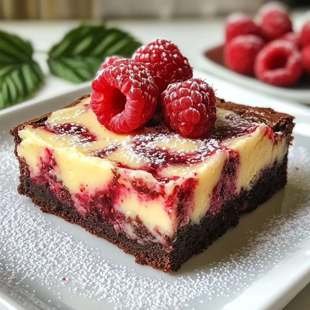 To make these delicious Raspberry Swirl Cheesecake Brownies, gather the following ingredients: - 1 cup unsalted butter (2 sticks) - 2 cups granulated sugar - 4 large eggs - 1 teaspoon pure vanilla extract - 1 cup all-purpose flour - 1 cup unsweetened cocoa powder - 1/2 teaspoon fine salt - 8 oz cream cheese, softened - 1/2 cup powdered sugar - 1/3 cup fresh raspberries (or raspberry puree) - Extra raspberries for garnish For a special touch, consider these optional garnishes: - Extra fresh raspberries on top - A light dusting of powdered sugar - Mint leaves for color You can easily swap some ingredients if needed: - Use coconut oil instead of butter for a dairy-free option. - Substitute maple syrup for granulated sugar for a healthier twist. - Replace cream cheese with silken tofu for a vegan choice. - Use almond flour instead of all-purpose flour for a gluten-free version. These adjustments help you tailor the recipe to your taste and dietary needs, making it even more enjoyable. {{ingredient_image_2}} First, set your oven to 350°F (175°C). This temperature helps the brownies bake evenly. Next, grab a 9x13 inch baking pan. Grease it lightly with butter or line it with parchment paper. This step makes it easy to lift the brownies out later. In a medium saucepan, melt 1 cup of unsalted butter over low heat. Once the butter is melted, take it off the heat. Mix in 2 cups of granulated sugar until it is smooth. Now, add 4 large eggs one at a time. Beat well after each egg. Pour in 1 teaspoon of pure vanilla extract and stir well. In another bowl, sift together 1 cup of all-purpose flour, 1 cup of unsweetened cocoa powder, and 1/2 teaspoon of fine salt. Gently fold this dry mix into your wet mix. Be careful not to overmix. This keeps your brownies soft and fudgy. In a mixing bowl, beat 8 oz of softened cream cheese until it is smooth. Gradually add 1/2 cup of powdered sugar, mixing until it is fully combined. Now, fold in 1/3 cup of fresh raspberries or raspberry puree. Swirl them gently, but don’t mix completely. You want to see those beautiful raspberry pieces. Pour two-thirds of the brownie batter into the pan. Spread it evenly using a spatula. Next, dollop the cheesecake mixture over the brownie layer. Use a butter knife or skewer to swirl the cheesecake into the brownies. This creates a lovely marbled look. Pour the rest of the brownie batter on top of the cheesecake layer. Spread it evenly as well. You can add more swirls on top if you like. Now, bake in the oven for about 30-35 minutes. The edges should set, and a toothpick should come out with a few moist crumbs. Let the brownies cool completely in the pan. If you used parchment paper, lift them out to cut into squares. Enjoy your delicious raspberry swirl cheesecake brownies! To get the best brownie texture, use fresh ingredients. This includes eggs, butter, and cocoa. Make sure your butter is at room temperature. It helps the sugar blend well. Mix the wet and dry ingredients gently. Overmixing can make them tough. For fudgy brownies, use less flour. This gives a rich, gooey center. For cake-like brownies, add a bit more flour. Swirling the cheesecake and brownie layers can be fun! Use a butter knife or skewer for this. Start at one corner and gently drag it through. Make figure-eight motions for lovely designs. Don't mix too much; you want to see the swirls. For a more vibrant look, use raspberry puree. It creates a striking contrast with the chocolate. One common mistake is baking too long. Check your brownies at 30 minutes. They should look set on the edges and soft in the middle. Another mistake is using cold cream cheese. It won’t mix smoothly. Always soften it first. Lastly, don’t skip the cooling step. Cutting them too soon can make a mess. Let them cool completely for clean squares. Pro Tips Use Room Temperature Ingredients: Ensure your cream cheese is at room temperature before mixing; this helps achieve a smooth cheesecake layer without lumps. Don’t Overmix the Batter: When combining the dry ingredients with the wet, mix just until incorporated to keep the brownies fudgy and soft. Check for Doneness: Use a toothpick to check the center; a few moist crumbs should cling to it, indicating the brownies are perfectly baked. Garnish with Fresh Raspberries: Adding fresh raspberries on top not only enhances the presentation but also boosts the flavor, making each bite a delightful experience. {{image_4}} You can change the fruit in the cheesecake layer. Try strawberries, blueberries, or blackberries. Each fruit gives a unique taste and color. If you use puree, it mixes well and makes a smooth swirl. Fresh fruit adds texture and more fun to each bite. Just mash the fruit or blend it for a smoother mix. If you need gluten-free brownies, swap out the all-purpose flour. Use a gluten-free flour blend instead. This works well and keeps the taste great. Just check that your cocoa powder is also gluten-free, as some brands may add fillers. These swaps let everyone enjoy this tasty treat without worry. For a crunch, you can add nuts like walnuts or pecans. Chop them into small pieces and fold them into the brownie batter. This gives a nice contrast to the creamy cheesecake. You can also mix in chocolate chips for extra sweetness. Dark, milk, or white chocolate chips work well. Both options make these brownies even more delicious! To keep your Raspberry Swirl Cheesecake Brownies fresh, store them in an airtight container. Place a piece of parchment paper between layers to stop sticking. You can keep them at room temperature for up to 3 days. If you want them to last longer, store them in the fridge for about a week. The chill can even enhance their rich flavor. If you want to save your brownies for later, freezing is a great option. First, let the brownies cool completely. Then, cut them into squares. Wrap each square tightly in plastic wrap. For extra protection, place the wrapped brownies in a freezer bag. They can stay frozen for up to 3 months. When you’re ready to eat, simply thaw them in the fridge overnight. When you want to enjoy your brownies warm, preheat your oven to 350°F. Place the brownies on a baking sheet. Heat them for about 10 minutes. This warms them through without drying them out. You can also microwave a brownie for about 15-20 seconds. Just be careful, as it can get hot quickly. Enjoy the gooey goodness! Yes, you can use frozen raspberries! They work well in the cheesecake swirl. Just thaw them first and drain any extra liquid. This will help keep your brownies from getting soggy. Frozen berries can have a great flavor, too! Check the edges of the brownies. They should look set and firm. Insert a toothpick into the center. If it comes out with a few moist crumbs, they are done. Don't worry if it’s not completely clean; a little gooey is good for brownies! Absolutely! You can make these brownies a day ahead. Just let them cool completely. Then, cover them and store at room temperature. They will taste great the next day. To cut brownies neatly, use a sharp knife. Run the knife under hot water for a few seconds. Wipe it dry and make your cuts. This helps the knife glide through the brownies. It gives you perfect squares every time! In this blog post, we covered how to make delicious cheesecake brownies. You learned about the key ingredients, prep steps, and baking tips. I shared ways to customize your brownies and how to store them properly. Remember, practice makes perfect. With these steps, you can create beautiful and tasty brownies that impress. Feel free to experiment with flavors and enjoy the process. Happy baking!