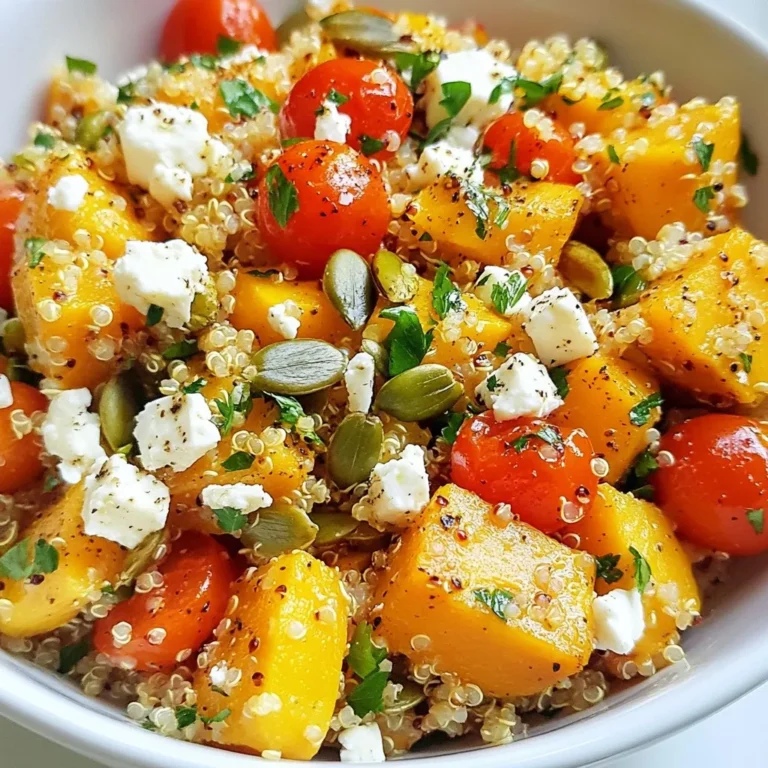 - 1 small pumpkin (approximately 2 lbs), peeled, seeded, and diced - 1 cup quinoa, thoroughly rinsed - 1 cup cherry tomatoes, halved - 1/2 cup feta cheese, crumbled - 1/4 cup pumpkin seeds - 1/4 cup red onion, finely chopped - 1 tablespoon extra virgin olive oil - 1 teaspoon ground cumin - 1 teaspoon paprika - Salt and freshly ground black pepper - 2 tablespoons fresh parsley, chopped - 1 tablespoon balsamic vinegar (optional) When I make this roasted pumpkin quinoa salad, I always start by gathering my ingredients. The pumpkin is the star of this dish. I choose a small pumpkin, about 2 lbs, because it is just the right size. Next, I rinse one cup of quinoa under cold water. This step removes any bitterness. Cherry tomatoes add a lovely burst of flavor. I like to halve one cup of these juicy gems. For creaminess and tang, I crumble half a cup of feta cheese. I also love the crunch of pumpkin seeds, so I add a quarter cup. Finally, I chop a quarter cup of red onion for a bit of sharpness. For spices, I reach for a tablespoon of extra virgin olive oil. To warm things up, I use one teaspoon of ground cumin and one teaspoon of paprika for some smokiness. A sprinkle of salt and freshly ground black pepper brings all the flavors together. To finish, I chop two tablespoons of fresh parsley for color. If I want extra depth, I drizzle a tablespoon of balsamic vinegar on top. This salad is not only tasty but also a feast for the eyes with its vibrant colors! {{ingredient_image_2}} - Preheat your oven to 400°F (200°C). This step is key for roasting. - Dice the pumpkin into bite-sized cubes. Place it in a bowl and drizzle with olive oil. Sprinkle with ground cumin, paprika, salt, and black pepper. Toss until the pumpkin is well coated. - Transfer the seasoned pumpkin to a baking sheet lined with parchment paper. Spread it out in one layer. - Roast in the oven for 25-30 minutes. Stir the pumpkin halfway through to ensure even cooking. Look for a tender texture and slight caramelization. - In a medium saucepan, combine 1 cup of rinsed quinoa with 2 cups of vegetable broth or water. Bring it to a boil over medium-high heat. - Once boiling, reduce the heat to low. Cover and let it simmer for about 15 minutes. After cooking, remove from heat and let it sit for 5 minutes. Fluff the quinoa with a fork before using. - In a large bowl, mix the roasted pumpkin, fluffed quinoa, halved cherry tomatoes, finely chopped red onion, crumbled feta cheese, and pumpkin seeds. Toss gently to combine. - Drizzle with balsamic vinegar if desired. Adjust salt and pepper to your taste. Mix well to ensure every bite is flavorful. - How to achieve optimal caramelization: Cut your pumpkin into even cubes. This helps them cook evenly. Spread them on the baking sheet in a single layer. This allows hot air to reach all sides. Stir them halfway through roasting to prevent sticking and promote browning. Aim for a golden-brown color to enhance the flavor. - Best practices for seasoning pumpkin: Use enough olive oil to coat the pumpkin well. This helps the spices stick and aids in caramelization. Salt enhances the pumpkin's sweetness. Ground cumin adds warmth, while paprika gives it a smoky touch. Adjust spices based on your taste. - Ensuring fluffiness in your quinoa: Rinse the quinoa well before cooking. This removes the bitter coating called saponin. Use the right water-to-quinoa ratio; typically, two parts liquid to one part quinoa works best. After cooking, let it sit covered for five minutes. This helps the quinoa steam and become fluffy. - Adjusting liquid for desired texture: For a softer texture, add a bit more water. For firmer quinoa, use slightly less. Be mindful of how you want your salad to feel. The right texture balances well with the roasted pumpkin. - Serving suggestions for a visually appealing dish: Use a large, colorful bowl to serve the salad. Arrange the roasted pumpkin on top for a beautiful display. This makes the salad look inviting. You can also layer ingredients for a nice effect. - Garnishing ideas to enhance flavor and aesthetics: Fresh parsley adds a pop of color. Crumbled feta cheese not only looks great but adds creamy richness. A sprinkle of extra pumpkin seeds gives a nice crunch and extra flavor. For a touch of elegance, drizzle a little balsamic vinegar just before serving. Pro Tips Choose the Right Pumpkin: Opt for sugar pumpkins or pie pumpkins for the best flavor and texture in your salad. These varieties are sweeter and have a finer texture compared to larger carving pumpkins. Rinse Quinoa Thoroughly: Always rinse quinoa before cooking to remove its natural coating, called saponin, which can impart a bitter taste. This step ensures a better flavor in the final dish. Variations with Greens: For added nutrition and flavor, consider tossing in some fresh spinach or arugula just before serving. This will introduce a lovely peppery note and a vibrant green color. Make It Ahead: This salad can be made ahead of time. Store the components separately (pumpkin, quinoa, and dressing) and combine them just before serving to maintain texture and freshness. {{image_4}} You can mix things up with different cheeses. Try goat cheese for a tangy twist. If you're vegan, use a plant-based cheese. You can also switch grains. Farro adds a nutty flavor. Brown rice is another great option. Want more flavor? Add herbs like thyme or rosemary. They match well with pumpkin. You can also use spices like chili powder for a kick. To make this salad a full meal, add protein. Grilled chicken or chickpeas work well. Ingredients can change with the seasons. In summer, use fresh corn and bell peppers. They add crunch and sweetness. In fall, keep the pumpkin and add roasted squash. This keeps the cozy fall vibe. Store leftover roasted pumpkin quinoa salad in the fridge. Use an airtight container. This keeps the salad fresh and tasty. Make sure the salad cools down before sealing it. This helps avoid any moisture buildup inside the container. Yes, you can freeze this salad! However, some ingredients may change texture. For best results, freeze it without the feta cheese and dressing. Pack the salad tightly in a freezer-safe container. To thaw, place it in the fridge overnight. If you're in a hurry, you can use the microwave. Just make sure to heat it gently. Avoid overheating, as this can make the quinoa mushy. In the fridge, the salad lasts about 3 to 5 days. Keep an eye on it! Signs of spoilage include a sour smell, slimy texture, or discoloration. If you notice any of these signs, it's best to throw it away. Enjoy your delicious salad while it's fresh! To cook quinoa, rinse it well first. This removes a bitter coating. Use two parts liquid for every one part quinoa. Bring it to a boil, then lower the heat. Cover it and let it simmer for 15 minutes. After cooking, let it sit for five more minutes. Fluff it with a fork for the best texture. Common mistakes include not rinsing quinoa and using too little liquid. These cause a bitter taste and dry texture. Always check your package for specific instructions. Yes, you can make this salad ahead! Prepare the pumpkin and quinoa earlier. Store them in airtight containers in the fridge. Mix everything together just before serving. This keeps the salad fresh and crunchy. If you want, add the dressing right before you eat. This way, the salad stays crisp. Pumpkin is low in calories and high in vitamins. It has vitamin A, which is good for your eyes. It also has fiber, helping with digestion. Quinoa is a complete protein. It contains all nine essential amino acids. It is also rich in magnesium and iron. Together, they make a healthy and filling meal. Yes, this salad can be made vegan and gluten-free! To make it vegan, skip the feta cheese or use a plant-based cheese. Quinoa is naturally gluten-free, so it’s safe for those with gluten issues. Always check labels on any packaged ingredients to ensure they fit your needs. Enjoy a delicious and safe meal! This blog post outlines a delicious and healthy pumpkin quinoa salad. We explored the main ingredients, cooking instructions, and helpful tips for the best results. You learned about variations and storage info for leftovers. In sum, this salad is not only tasty but also easy to adapt. Whether you enjoy it warm or cold, it’s a great dish for any season. Enjoy making this healthy recipe and feel good about what you eat.