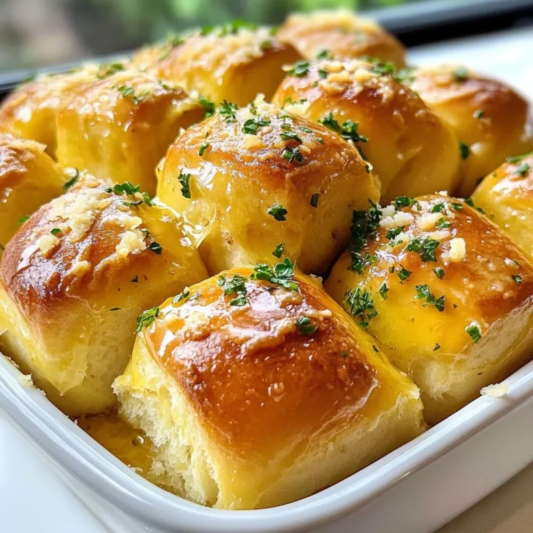 - 3 cups all-purpose flour - 1 packet (2 ¼ teaspoons) active dry yeast - ½ teaspoon granulated sugar - 1 teaspoon kosher salt - ¼ cup unsalted butter, melted - 1 cup warm milk (approximately 110°F or 45°C) - 4 cloves garlic, finely minced - ½ cup freshly grated Parmesan cheese - 1 teaspoon dried Italian herbs (a blend of oregano and basil) - 2 tablespoons fresh parsley, finely chopped - Mixing bowls - Measuring cups and spoons - Bundt pan or round cake pan - Rolling pin (optional) To make these rolls, gather all the ingredients. Fresh ingredients make a big difference. The all-purpose flour gives the rolls their structure. The active dry yeast helps them rise. Sugar feeds the yeast, while salt adds flavor. Melted butter enriches the dough, and warm milk activates the yeast. Minced garlic adds that bold taste, and freshly grated Parmesan brings a cheesy delight. Dried Italian herbs enhance the flavor. Finally, fresh parsley adds a pop of color and freshness. For equipment, you need mixing bowls for combining ingredients. Measuring cups and spoons will ensure accuracy. A bundt pan or round cake pan is perfect for shaping the rolls. A rolling pin is optional but can help with dough prep if you choose to roll out the dough. Now, you're ready to create these soft and cheesy Garlic Parmesan Pull-Apart Rolls! {{ingredient_image_2}} To start, we need to activate the yeast. Take a small bowl and mix together warm milk, sugar, and active dry yeast. Stir it gently and let it sit for about 5 to 10 minutes. You want to see it froth and bubble. This shows the yeast is active. Next, grab a large mixing bowl. Whisk together all-purpose flour and kosher salt. Make a well in the center of the flour. Pour in the melted butter and the frothy yeast mixture. Now, it’s time to form the dough. Stir the mixture until it becomes a shaggy dough. Transfer the dough onto a lightly floured surface. Knead it for about 5 to 7 minutes. You want the dough to be smooth and elastic. Proper kneading helps develop gluten, making the rolls soft. After kneading, place the dough in a lightly greased bowl. Cover it with a damp cloth or plastic wrap. Let it rise in a warm spot for about 1 hour. The dough should double in size. This is a good sign that the yeast is working. Once the dough has risen, gently punch it down to deflate it. Knead it for one more minute to keep it cohesive. Now, divide the dough into 12 equal pieces. Shape each piece into a small, smooth ball. To coat the rolls, mix minced garlic, grated Parmesan cheese, and dried Italian herbs in a bowl. Dip each dough ball into melted butter to coat it. Then roll it in the garlic-Parmesan mixture for an even coating. Arrange the coated dough balls in a greased bundt pan or round cake pan. Stack them slightly for that great pull-apart look. Lightly cover the pan and let the rolls rise for another 30 minutes. While the rolls rise, preheat your oven to 350°F (175°C). After the second rise, place the rolls in the oven. Bake for 25 to 30 minutes. They should turn golden brown and puff up beautifully. Once baked, remove them from the oven and brush the tops with more melted butter. Sprinkle chopped fresh parsley on top for added flavor. Enjoy pulling apart these soft, cheesy delights! To make great pull-apart rolls, avoid a few common mistakes. First, don’t rush the yeast activation. If your milk is too hot, it can kill the yeast. Always check the temperature. It should feel warm but not hot. Second, don’t skip the kneading step. Kneading helps develop gluten, which gives the rolls their soft texture. For the right dough consistency, look for a smooth, elastic feel. If the dough is too sticky, add a bit more flour. If it’s too dry, a splash of milk can help. The dough should be soft but not stick to your hands. To boost the flavor of your rolls, consider adding herbs and spices. Dried rosemary or thyme can add a lovely taste. You can also mix in some red pepper flakes for a hint of heat. If you want to swap out Parmesan, try mozzarella or cheddar. These cheeses melt beautifully and add a different twist. These rolls pair well with many meals. They are great with pasta dishes or soups. You can also serve them alongside a fresh salad. If you’re hosting a dinner, make these rolls a star of your feast. They look beautiful on a table and are fun to share. Try serving them with a warm, herbed dip for a tasty addition. Pro Tips Activate Your Yeast: Make sure your milk is warm but not too hot, as temperatures above 120°F (49°C) can kill the yeast. This step is crucial for a good rise. Kneading Technique: Knead the dough until it's smooth and elastic, which usually takes about 5-7 minutes. This develops the gluten, giving the rolls their structure. Flavor Infusion: For an extra flavor boost, let the garlic and herb mixture sit for a few minutes before rolling the dough balls in it. This allows the flavors to meld beautifully. Perfect Baking: Keep an eye on the rolls as they bake; if they start to brown too quickly, cover them loosely with aluminum foil for the remainder of the baking time. {{image_4}} You can switch up the cheese for your pull-apart rolls. Try adding mozzarella for extra stretch. Cheddar gives a sharp bite, while gouda adds a smoky flavor. If you want a twist, use feta or blue cheese for a unique taste. For those who prefer vegan options, several substitutes work well. Look for vegan mozzarella or cream cheese. Nutritional yeast adds a cheesy flavor without dairy. You can also blend cashew cheese for a creamy texture. Fresh herbs can elevate your rolls. Consider using rosemary, thyme, or chives. These herbs bring fresh notes that brighten the flavor. You can mix dried herbs like oregano and basil, too. Using flavored oils is another way to add depth. Garlic-infused olive oil or herb oil can pack a punch. Just brush it on your rolls before baking for a fragrant treat. You can make a sweet version of these rolls, too. Swap garlic for cinnamon and sugar for a delightful twist. Add vanilla extract for extra flavor. Incorporate fillings like chocolate chips, dried fruit, or nuts. These sweet pull-apart rolls can serve as a dessert or a fun breakfast treat. To keep your Garlic Parmesan Pull-Apart Rolls fresh, follow these steps: - Let the rolls cool completely. - Place them in an airtight container. - You can also wrap them in plastic wrap. This method keeps them soft for a few days. If you want them warm, reheat them briefly in the oven. For long-term storage, you can freeze your rolls: - Freeze unbaked rolls by placing them on a baking sheet. - Once frozen, transfer them to a freezer bag. - For baked rolls, let them cool. Then, wrap them tightly in foil before freezing. When you're ready to enjoy, bake unbaked rolls directly from the freezer. Bake for about 30-35 minutes. For baked rolls, reheat them at 350°F for 10-15 minutes. Garlic Parmesan Pull-Apart Rolls last about three days at room temperature. After that, they may start to harden. Signs of spoilage include: - A hard texture or dry surface. - An off smell that is not buttery or garlicky. - Mold or discoloration on the rolls. When stored correctly, your rolls will stay tasty and enjoyable! Yes, you can use instant yeast. The main difference is that instant yeast does not need to be activated in warm milk. You can mix it directly with the dry ingredients. Use the same amount: one packet of instant yeast is about 2 ¼ teaspoons. If you use instant yeast, the dough may rise a bit faster. To reheat, wrap the rolls in foil and place them in a preheated oven at 350°F (175°C) for about 10-15 minutes. This keeps them soft and warm. You can also use the microwave. Heat them for about 15-20 seconds, but they may get chewy. Enjoy them fresh and warm for the best taste. Yes, you can make the dough ahead. After kneading, cover it and place it in the fridge for up to 24 hours. When ready to use, let it sit at room temperature for about 30 minutes before shaping. This helps the dough rise better. You can also freeze the dough for up to three months. Thaw it overnight in the fridge before use. These rolls pair well with many meals. Serve them with soups, salads, or pasta dishes. They also make a great side for grilled meats. For a fun snack, enjoy them with marinara sauce or a garlic dip. You learned how to make Garlic Parmesan Pull-Apart Rolls from scratch. We explored the key ingredients, tools, and step-by-step guides. Each part of the process helps you create tasty rolls for any meal. Remember to experiment with flavors and variations. Proper storage keeps your rolls fresh for longer. Enjoy these rolls with friends and family, or make them for a feast. Now, it’s your turn to bake and share. Your kitchen adventure awaits!