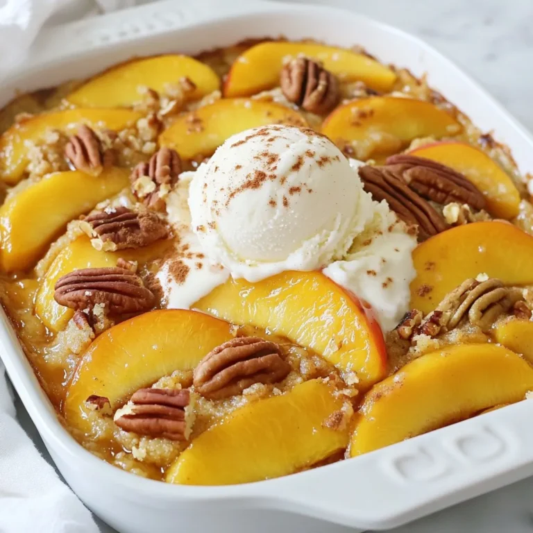 You can use fresh or canned peaches for this dump cake. Fresh peaches give a bright, juicy flavor. They add a nice texture too. If fresh peaches are not in season, canned peaches work well. Just remember to drain them before using. Both options create a delicious dessert. Here are the key ingredients you need for this peach cobbler dump cake: - 4 cups fresh peaches, pitted and sliced (or 4 cups canned peaches, drained) - 1 cup granulated sugar - 1 teaspoon pure vanilla extract - 1 teaspoon ground cinnamon - 1 box (15.25 oz) yellow cake mix - 1 cup unsalted butter (2 sticks, fully melted) - 1 teaspoon baking powder These ingredients blend together to create a sweet, warm dessert that everyone loves. If you want to kick it up a notch, consider these optional add-ins: - 1 cup chopped pecans (for extra texture) - A touch of nutmeg for warmth - A splash of almond extract instead of vanilla These add-ins can make your dump cake even more special. Feel free to mix and match based on your taste! {{ingredient_image_2}} Start by preheating your oven to 350°F (175°C). This step is key to getting the right bake. While the oven heats, grab a greased 9x13 inch baking dish. Greasing the dish helps prevent sticking. You can use butter or cooking spray for this. In a large mixing bowl, combine 4 cups of sliced peaches. You can use fresh or canned peaches. If you use canned, make sure to drain them well. Add 1 cup of granulated sugar, 1 teaspoon of pure vanilla extract, and 1 teaspoon of ground cinnamon. Gently fold these ingredients together with a spatula. This will coat the peaches and make them sweet and flavorful. Now, transfer the peach mixture into the greased baking dish. Spread it evenly across the bottom. In a separate bowl, whisk together 1 box of yellow cake mix and 1 teaspoon of baking powder. Sprinkle this dry mix evenly over the peaches. Do not stir it in. Next, drizzle 1 cup of melted butter over the cake mix. This will create a crispy topping. If you like, sprinkle 1 cup of chopped pecans on top for extra crunch. Place the dish in the preheated oven and bake for 40-45 minutes. Look for a golden brown top that bubbles at the edges. After baking, let it cool for a few minutes before serving. Enjoy this warm treat with ice cream or whipped cream on top! To get the best texture, do not mix the cake mix with the peaches. Layer it on top. This keeps the cake light and fluffy. Drizzle the melted butter evenly over the cake mix. The butter helps create a crispy top. Bake until golden brown and bubbly. Serve the Peachy Paradise Dump Cake warm. A scoop of vanilla ice cream or whipped cream makes it even better. For a special touch, sprinkle cinnamon on top. You can also add extra pecans for crunch. This dessert is a crowd-pleaser at any gathering. To boost flavors, use fresh peaches when possible. They taste sweeter and juicier. You can also add a splash of lemon juice for brightness. Experiment with spices like nutmeg for a warm twist. Consider using almond extract instead of vanilla for a unique flavor. Pro Tips Choose Ripe Peaches: For the best flavor, select peaches that are slightly soft to the touch and have a sweet aroma. This ensures a juicy and delicious filling. Experiment with Spices: Feel free to add a pinch of nutmeg or ginger along with cinnamon for an extra layer of flavor. It can elevate the taste of your dump cake. Let It Cool: Allow the dump cake to cool for a few minutes before serving. This helps the layers set and makes it easier to scoop out portions. Storage Tips: Leftovers can be stored in an airtight container in the fridge for up to 3 days. Reheat in the oven or microwave for a quick treat! {{image_4}} You can easily make a gluten-free dump cake. Use a gluten-free cake mix instead of yellow cake mix. Just check the label to ensure it has no wheat. Follow the same steps as the regular recipe. This way, everyone can enjoy it! While peaches are the star, you can switch things up. Try using fresh or canned apples, cherries, or blueberries. Each fruit brings its own flavor. Keep the sugar and spices similar, but adjust to taste. This makes the dump cake fun and new every time. The toppings can change your dump cake game. Instead of pecans, try walnuts or almonds for crunch. You could also add coconut flakes for a tropical twist. Want a sweeter treat? Mix in some chocolate chips. These little changes can make a big difference! To store leftover Peach Cobbler Dump Cake, let it cool first. Place it in an airtight container. You can keep it in the fridge for up to four days. If you want to save it longer, consider freezing it. When you're ready to enjoy your leftovers, preheat your oven to 350°F (175°C). Place the dump cake in an oven-safe dish. Cover it with foil to keep it moist. Heat for about 20-25 minutes until warm. You can also use the microwave. Heat in 30-second intervals until hot. If you want to freeze Peach Cobbler Dump Cake, first cool it down completely. Cut it into portions for easier servings later. Wrap each piece tightly in plastic wrap, then place them in a freezer bag. You can freeze it for up to three months. When you're ready to eat, thaw it overnight in the fridge before reheating. Enjoy your treat anytime! Yes, you can use frozen peaches. Just thaw them first. Drain any excess liquid. This keeps your cobbler from being too watery. Frozen peaches work well and will still taste great. To make Peach Cobbler Dump Cake healthier, try these tips: - Use less sugar: Cut the sugar in half or use a sugar substitute. - Choose whole grain cake mix: This adds fiber and nutrients. - Add oats: Mix in oats for more texture and health benefits. - Top with Greek yogurt: This is a great swap for ice cream or whipped cream. Serve the dump cake warm. Top it with a scoop of vanilla ice cream or whipped cream. For a special touch, sprinkle cinnamon on top. Add some chopped pecans for extra crunch. This makes a simple dessert feel fancy! This article covered key ingredients, step-by-step baking, and helpful tips for making Peach Cobbler Dump Cake. Fresh and canned peaches work well, and optional add-ins can boost flavor. I shared ways to achieve the right texture and serve it nicely. You can vary it with different fruits or toppings. Don’t forget to store leftovers properly to enjoy later. With these insights, you can make a delicious dessert that makes everyone happy. Enjoy making your peach cobbler dump cake!