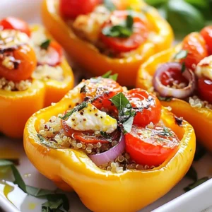 To make baked feta stuffed peppers, you need a few simple items. Here’s what you will need: - 4 large bell peppers (any color) - 200g feta cheese, crumbled - 1 cup cooked quinoa - 1 cup cherry tomatoes, halved - 1 small red onion, finely chopped - 2 garlic cloves, minced - 1 teaspoon dried oregano - 1 teaspoon paprika - 2 tablespoons olive oil - Salt and black pepper - Fresh basil leaves for garnish These ingredients come together to create a tasty meal. Each item plays a role. The bell peppers provide great flavor and a nice crunch. Feta cheese adds creaminess and tang. Quinoa gives it a hearty base. Cherry tomatoes bring sweetness, while red onion and garlic add depth. Spices like oregano and paprika enhance the dish. Finally, basil leaves give a fresh touch. When you gather these ingredients, you set the stage for a delicious cooking experience. Make sure to choose fresh produce for the best flavor. Enjoy your time in the kitchen! {{ingredient_image_2}} First, set your oven to 375°F (190°C). This heat helps the peppers roast well. Next, take your bell peppers. Cut off the tops and remove the seeds. Stand them up in a baking dish. This makes filling them easy. In a big bowl, combine the crumbled feta, cooked quinoa, and cherry tomatoes. Add the red onion and minced garlic. Then, mix in the dried oregano and paprika. Drizzle in the olive oil and season with salt and pepper. Stir well so each bite is full of flavor. Now, take a spoon and fill each bell pepper with the mixture. Press down gently to pack it in. This helps create a hearty bite and keeps the filling from falling out. Drizzle a little olive oil on top of each pepper. Cover the dish with foil to keep moisture in. Bake for 25 minutes to soften the peppers. After that, remove the foil and bake for an extra 15 minutes. This will make the tops a bit crispy. Once baked, take the dish out of the oven and let it cool for a few minutes. Before serving, add fresh basil leaves on top. This adds a nice touch and great aroma. Serve warm and enjoy your tasty meal! Pick large bell peppers for this dish. They hold the filling well. Any color works, but red, yellow, or orange add sweetness. Look for firm peppers without soft spots. The thicker the wall, the better they bake. Mix the feta cheese and quinoa well. Use fresh herbs like basil for aroma. The cherry tomatoes add sweetness, while the onion gives depth. A pinch of salt and pepper boosts all the flavors. Balance is key for a tasty bite. When filling the peppers, pack the mixture tightly. This keeps the filling from shifting while baking. Use a spoon to press down gently. A snug fit means every bite is full of flavor. Avoid leaving empty spaces inside the peppers. Cover your baking dish with foil for the first part of baking. This traps moisture and keeps the peppers tender. Remove the foil later to let the tops brown. Bake until the peppers are soft but not mushy. Check for a slight char for the best taste. Pro Tips Choose Colorful Peppers: Using a mix of colorful bell peppers not only enhances the visual appeal of your dish but also adds a variety of flavors. Experiment with Cheese: While feta is traditional, feel free to mix in other cheeses like goat cheese or mozzarella for a different taste profile. Make Ahead: You can prepare the stuffed peppers a day in advance and keep them in the refrigerator. Just bake them when you're ready to serve! Serve with a Sauce: Drizzle some balsamic glaze or a yogurt sauce over the stuffed peppers for added flavor and a gourmet touch. {{image_4}} You can keep this dish vegetarian and still make it exciting. Swap quinoa for rice or farro. Add black beans or chickpeas for more protein. Toss in extra veggies like spinach or zucchini for a colorful mix. You can also use different herbs, like parsley or thyme, to change the flavor. For meat lovers, ground turkey or beef works well. Cook the meat before mixing it with the other filling ingredients. You can also use shredded chicken. This adds a hearty touch and makes the meal more filling. Feta is great, but you can try other cheeses too. Goat cheese adds a creamy texture. Mozzarella gives a nice meltiness. For a stronger flavor, try blue cheese or sharp cheddar. Mixing different cheeses can create a unique taste. Want some heat? Add red pepper flakes or diced jalapeños to the filling. You can also drizzle sriracha on top before serving. If you prefer mild flavors, skip the spices and focus on herbs for a fresh taste. Adjust the spice to fit your taste buds and enjoy! After you enjoy your Baked Feta Stuffed Peppers, store leftovers in an airtight container. Keep them in the fridge for up to four days. This way, you can savor the tasty flavors again without any fuss. To reheat, preheat your oven to 350°F (175°C). Place the stuffed peppers on a baking sheet. Cover them with foil to keep them moist. Bake for 15-20 minutes or until heated through. You can also microwave them for a quick option. Just heat on a microwave-safe plate for 2-3 minutes, checking often. You can freeze stuffed peppers for later. First, let them cool completely. Wrap each pepper tightly in plastic wrap. Then, place them in a freezer-safe bag. They stay good for up to three months. To cook, thaw overnight in the fridge, then reheat as above. Enjoy a quick and easy meal anytime! Yes, you can use other grains. Rice, couscous, or farro work well too. Just make sure they are cooked before mixing. Each grain brings a new taste and texture to the dish. To make this dish gluten-free, use gluten-free grains like quinoa or rice. Also, check the feta cheese label. Most feta is gluten-free, but it’s always good to confirm. Yes, you can prepare the stuffed peppers ahead of time. Stuff them and cover them in the fridge. Bake them when you are ready to eat. This saves time on busy days. You can serve them with a green salad for a fresh touch. A side of crusty bread also pairs nicely. For a heartier meal, add roasted vegetables or a light soup. When the peppers are tender and the tops are slightly charred, they are done. A fork should easily pierce the pepper. This ensures they are soft and ready to enjoy. Baked feta stuffed peppers are a simple, tasty dish. You learned how to pick peppers, mix a great filling, and bake them just right. We covered fun variations and tips to avoid common mistakes. These peppers are not only good but also easy to make. Try them for lunch or dinner. You can even store leftovers for later. Enjoy the vibrant flavors and make this dish your own!