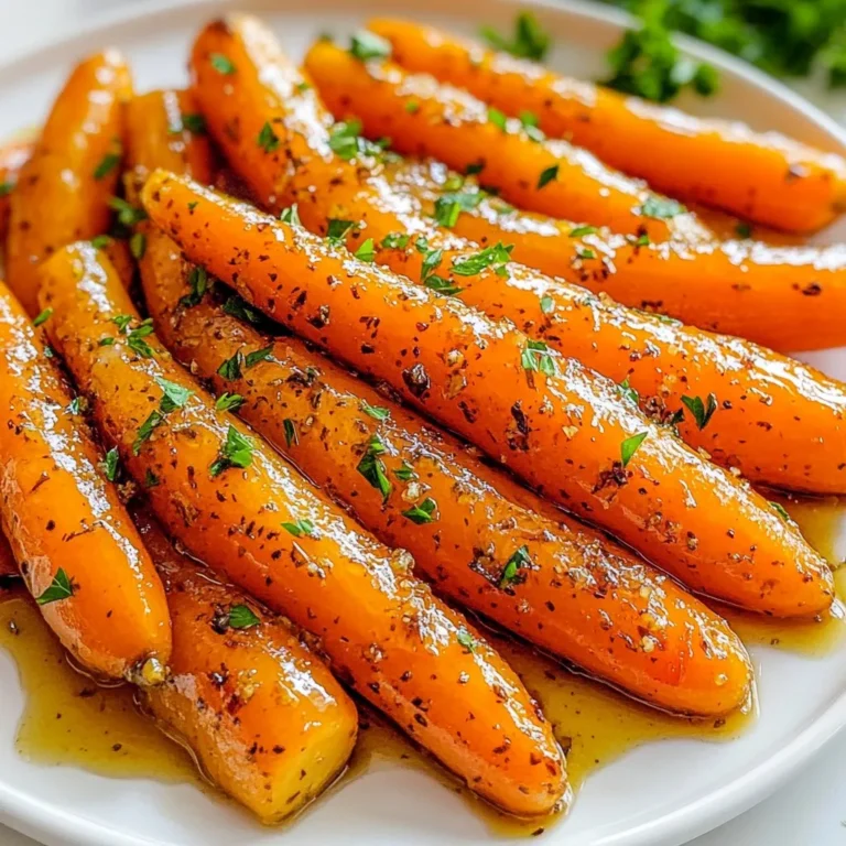To make Honey Garlic Glazed Carrots, you need a few simple ingredients. These will create a dish that is both sweet and savory. Here’s what you’ll need: - 500g baby carrots, trimmed and peeled - 3 tablespoons honey - 2 tablespoons unsalted butter - 3 cloves garlic, minced - 1 tablespoon soy sauce (or tamari for a gluten-free option) - 1 teaspoon fresh ginger, finely grated - Salt and pepper to taste - Fresh parsley, finely chopped for garnish Each ingredient plays a key role in flavor and texture. The baby carrots give a sweet base. Honey adds natural sweetness. Unsalted butter brings richness. Garlic and ginger provide a warm, aromatic touch. Soy sauce adds depth and umami. Salt and pepper enhance the overall taste. Fresh parsley adds a burst of color and freshness to the dish. With these ingredients, you're set to create a delightful side dish that pairs well with many meals. {{ingredient_image_2}} First, bring a medium pot of water to a gentle boil. Once it starts bubbling, add 500g of baby carrots. Cook them for about 5 minutes. You want them tender but still crunchy. After cooking, drain the carrots and set them aside to cool a bit. Next, grab a large skillet and melt 2 tablespoons of unsalted butter over medium heat. Watch it bubble, then add 3 cloves of minced garlic and 1 teaspoon of finely grated ginger. Sauté this mix for about 1 minute. Stir often to keep the garlic from burning. When it smells great, stir in 3 tablespoons of honey and 1 tablespoon of soy sauce. Make sure everything blends well. Now, gently toss the boiled carrots into the skillet. Coat them in the honey-garlic glaze without breaking them. Season with salt and pepper to taste. Cook for an extra 3-4 minutes. This step lets the glaze thicken and caramelize on the carrots. Once ready, remove the skillet from heat. Serve the carrots in a dish, and garnish with finely chopped parsley for a fresh touch. To get the right crunch in your carrots, cook them for about 5 minutes. They should be tender but not mushy. This short boil helps keep their natural sweetness. After boiling, drain the carrots and let them cool a bit. This step ensures they soak up the glaze without turning too soft. Burnt garlic can ruin your dish. To avoid this, sauté the minced garlic and ginger for only 1 minute. Watch them closely as they cook. If they start to brown too much, take them off the heat. The key is to let the garlic become fragrant without burning it. Fresh herbs can really boost the taste of your carrots. Consider adding thyme or rosemary for added depth. You can also play with spices like cumin or smoked paprika. These flavors blend well with the sweet glaze. If you find the glaze too sweet, add a pinch of salt. This balances the flavors nicely. Taste as you go, and adjust the sweetness or saltiness to your liking. Cooking should be a fun experiment! The way you plate your carrots can make them shine at any meal. For a stunning look, arrange the glazed carrots in a circular pattern on a clean, white plate. This makes the bright orange pop against the plate. Drizzle any leftover glaze over the carrots for extra shine. Finish by sprinkling fresh parsley on top. This adds a splash of green and brightens the dish. Your guests will love the care you put into both flavor and presentation! Pro Tips Choose Fresh Carrots: Select firm, vibrant baby carrots for the best flavor and texture. Fresh carrots will ensure your dish is both visually appealing and delicious. Control the Heat: When sautéing garlic and ginger, keep the heat at medium to prevent burning. Burnt garlic can impart a bitter taste to your dish. Thicken the Glaze: If you prefer a thicker glaze, allow the honey-garlic mixture to simmer a bit longer before adding the carrots. This will create a richer coating. Garnish Wisely: Fresh herbs like parsley not only add color but also enhance the overall flavor. Consider using chives or dill for an alternative twist. {{image_4}} You can easily make these carrots gluten-free. Simply replace soy sauce with tamari. Tamari has a similar taste but does not contain wheat. This swap keeps the dish just as flavorful. Feel free to mix in other root vegetables. Some great choices are parsnips, turnips, or sweet potatoes. These will add more texture and flavor. You can also choose colorful blends. Try rainbow carrots for a vibrant dish. They are not only tasty but also look stunning on the plate. Want to change the taste? Infuse the glaze with citrus. Add lemon or orange juice for a fresh twist. If you like heat, try adding chili flakes. This can bring a spicy kick to your sweet carrots. Experimenting with these flavors can make the dish new and exciting every time. To store your honey garlic glazed carrots, wait until they cool down. Place them in an airtight container. This keeps them fresh and tasty. You can store them in the fridge. They will stay good for about three to five days. Make sure to check for any signs of spoilage before using. If you want to save some for later, freezing is a great option. First, let the glazed carrots cool completely. Then, transfer them to a freezer-safe bag or container. Remove as much air as possible to prevent freezer burn. They can last up to three months in the freezer. When you're ready to eat them, take the carrots out of the freezer. Let them thaw in the fridge overnight. You can also use the microwave for a quicker option. Reheat them gently in a pan over low heat. This helps to maintain their flavor and texture. Enjoy your delicious side dish any time! Yes, you can use regular carrots. Just peel and cut them into similar sizes. This helps them cook evenly. Aim for pieces about 1 to 2 inches long. This way, they absorb the honey garlic glaze well. To serve more people, simply scale the ingredients. If you want to double the recipe, use 1,000g of carrots and adjust the honey, butter, and seasonings too. Keep the same ratios for the glaze to ensure flavor stays strong. These carrots pair well with many dishes. Try serving them with roasted chicken or grilled fish. They also work well with rice or quinoa. For a full meal, add a fresh salad to balance the sweet and savory flavors. In this blog post, you learned how to make honey garlic glazed carrots. We discussed key ingredients, including baby carrots, honey, and soy sauce. You followed step-by-step instructions for boiling, glazing, and enhancing flavors. We also shared tips for texture and presentation. Remember, you can adjust this recipe or store leftovers safely. These glazed carrots can add a tasty twist to any meal. Enjoy experimenting with different flavors and serving ideas. Your cooking will impress everyone at the table. Happy cooking!
