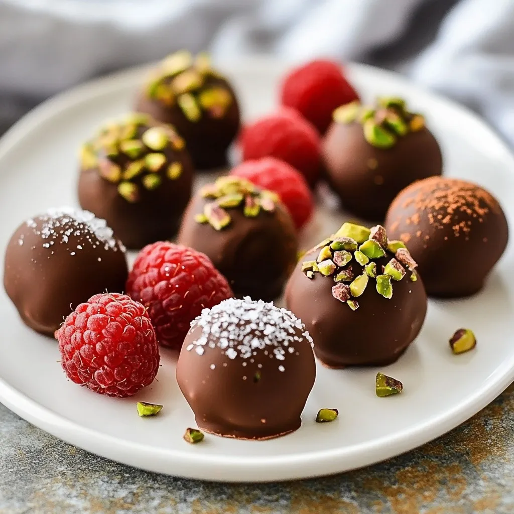 - 8 oz high-quality dark chocolate (70% cocoa), finely chopped - 1/2 cup heavy cream - 1/2 teaspoon pure vanilla extract - 1/2 cup fresh raspberries, plus additional for garnish - 1 cup unsweetened cocoa powder (for dusting) These main ingredients create the rich base for the truffles. The dark chocolate gives a deep flavor. The heavy cream adds creaminess, while the vanilla extract enhances the taste. Fresh raspberries provide a burst of fruity goodness. - 1/4 cup finely chopped pistachios (optional, for an elegant coating) - Pinch of sea salt (optional, for a sophisticated finish) The pistachios add crunch and color. A pinch of sea salt can elevate flavors, balancing the sweetness. Both options make the truffles special. Each truffle has about 130 calories. - Fat: 9g - Carbohydrates: 11g - Protein: 2g This information helps you enjoy these treats mindfully. Moderation is key, as these truffles are rich and indulgent. {{ingredient_image_2}} To make the ganache, start with 8 ounces of high-quality dark chocolate. Chop it finely and place it in a heatproof bowl. Add 1/2 teaspoon of pure vanilla extract to the chocolate. This step adds a rich flavor. Next, heat 1/2 cup of heavy cream in a small saucepan. Keep an eye on it while it warms. You want it simmering, not boiling. When the cream is ready, pour it over the chocolate. Let it sit for 2 minutes. This helps the chocolate melt. After waiting, stir gently until it becomes smooth and shiny. Now it’s time to add the fresh raspberries. Use 1/2 cup of berries for a burst of flavor. Gently fold them into the chocolate ganache. Be careful not to break them apart. You want some whole for texture. They will add a nice, fruity note to your truffles. Cover the bowl with plastic wrap. Place it in the fridge for 1 to 2 hours. You want the ganache to firm up. Once it’s ready, take a melon baller or small cookie scoop. Portion out the ganache and roll each piece into a smooth ball. Do this quickly! Your hands can melt the chocolate. For the next step, roll each truffle in unsweetened cocoa powder. This gives them a classic look and taste. If you want to mix it up, roll some in chopped pistachios for a crunchy twist. Place the truffles on a baking sheet lined with parchment paper. For a fancy touch, sprinkle a tiny pinch of sea salt on a few. This enhances the rich chocolate flavor. Once all the truffles are coated, put them back in the fridge for another 30 minutes. This helps them set before you enjoy them! Select high-quality dark chocolate with at least 70% cocoa. This gives the truffles a rich, deep flavor. Avoid chocolate chips, as they often have additives. Instead, find bars that are smooth and pure. The better the chocolate, the better the truffle! To keep the right texture, let the ganache cool slowly. Avoid rushing the chilling process. If it chills too fast, it may become too hard. Use a gentle hand when shaping the truffles. Warm hands can melt the chocolate, making it tricky to roll. Add a pinch of sea salt for a bold flavor. You can also mix in orange zest or espresso powder for an extra kick. If you love nuts, roll some truffles in finely chopped pistachios. Fresh herbs like mint can give a bright twist too. Each variation brings a new taste to enjoy! Pro Tips Quality Chocolate Matters: Use high-quality dark chocolate with at least 70% cocoa for the richest flavor and smoothest texture in your truffles. Chill Time is Key: Allow the ganache to chill thoroughly to ensure that the truffles hold their shape when rolled and coated. Gentle Handling: When rolling the truffles, work quickly and gently to avoid melting the chocolate with your hands. Garnish for Appeal: Enhance presentation by garnishing with fresh raspberries and mint leaves, which add color and freshness to your dessert display. {{image_4}} You can coat your truffles in various ways. Cocoa powder is classic and rich. Try rolling them in finely chopped nuts like pistachios or almonds for a crunchy bite. You can also use shredded coconut for a tropical twist. To make them sparkle, dip them in melted chocolate. Let them cool on parchment paper until set. This adds a shiny finish that looks great on any plate. Want to change the taste? Add a splash of orange zest to the ganache. It gives a fresh, bright note. For a hint of spice, mix in a pinch of cinnamon or chili powder. These flavors pair well with dark chocolate. If you enjoy coffee, a teaspoon of espresso powder enhances the depth of flavor. Get creative and find the perfect combo that excites your taste buds! Raspberries are delicious, but other berries work well too. Try using blackberries for a bold flavor. Strawberries can add a juicy sweetness that many love. Blueberries bring a unique twist with their mild taste. Just remember to chop larger berries into smaller pieces. This keeps the texture smooth and gives you a lovely pop of color in each truffle. To keep your Dark Chocolate Raspberry Truffles fresh, store them in an airtight container. This helps prevent them from absorbing odors from other foods. Layer parchment paper between the truffles to avoid sticking. Always place the container in a cool, dry spot away from sunlight. Refrigeration is best for short-term storage. You can keep the truffles in the fridge for up to two weeks. If you want to store them longer, freezing is an option. Wrap each truffle tightly in plastic wrap. Then, place them in a freezer bag. They can last for up to three months in the freezer. Dark Chocolate Raspberry Truffles can last about two weeks in the fridge. This is due to the cream and fresh raspberries. In the freezer, they can last up to three months. Just remember that the texture might change slightly after freezing. Before serving, let them thaw in the fridge overnight for the best experience. To make these truffles vegan, swap the heavy cream for coconut cream. Use a dark chocolate that is dairy-free, ensuring it has at least 70% cocoa for rich flavor. You can also add a touch of maple syrup for sweetness if desired. This way, you keep the same creamy texture while staying plant-based. Yes, you can use milk chocolate instead of dark chocolate. However, keep in mind that milk chocolate will add extra sweetness. This change will also alter the flavor and texture of the truffles. You might want to adjust the amount of cream to balance the richness. Gifting truffles is a lovely idea! Place them in a small, decorative box or a clear jar. Add some ribbon for a personal touch. You can also include a note explaining the flavors. This makes your gift feel special and thoughtful. To avoid a messy coating process, chill the truffles well after shaping them. Cold truffles are easier to handle. Use a fork or a toothpick to roll them in cocoa powder. This keeps your hands clean and makes the process smoother. We explored how to make dark chocolate raspberry truffles, from key ingredients to storage tips. You learned about optional ingredients, possible variations, and how to avoid mess when coating. Remember, the right chocolate and proper techniques keep your truffles tasty. Don’t hesitate to try different flavors or berries. These truffles make great gifts and treats! Enjoy creating your own batch and sharing with others. Keep experimenting until you find your perfect mix. Happy truffle-making!