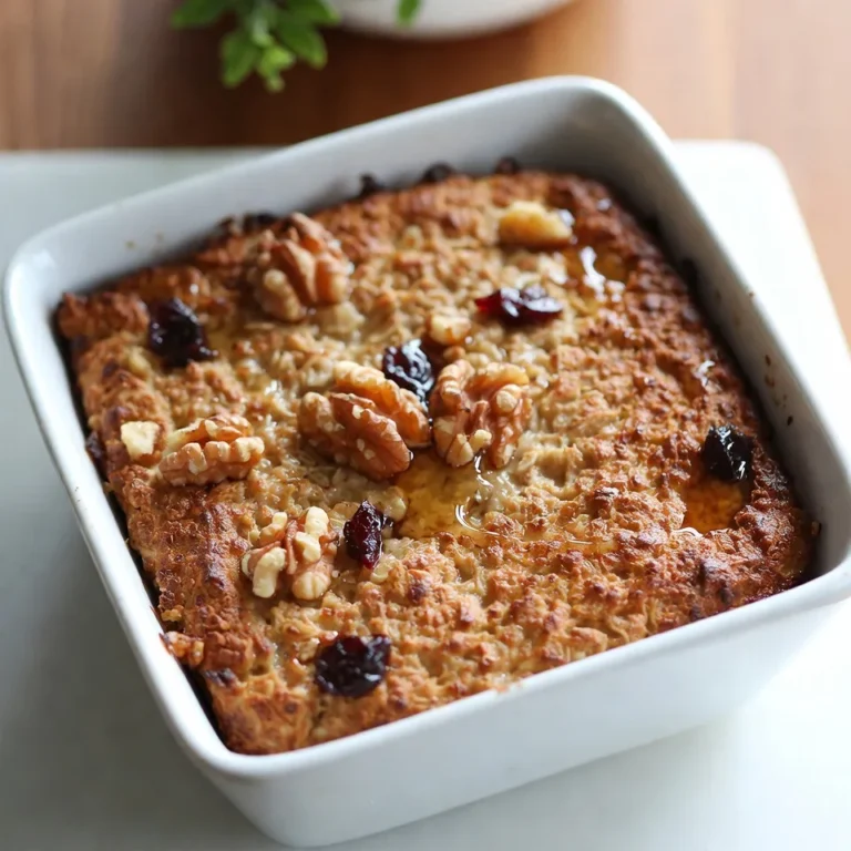 Here’s what you need to make Maple Brown Sugar Baked Oatmeal: - 2 cups rolled oats - 1/2 cup packed brown sugar - 1 teaspoon baking powder - 1/2 teaspoon salt - 1 teaspoon ground cinnamon - 2 cups milk (your choice: dairy or non-dairy) - 1/4 cup pure maple syrup - 2 large eggs, beaten - 1 teaspoon pure vanilla extract - 1/2 cup chopped nuts (such as walnuts or pecans) - 1/2 cup dried fruits (options: raisins or cranberries) - Butter or cooking spray (for greasing the baking dish) You can swap some ingredients based on what you have: - Use brown sugar or coconut sugar instead of packed brown sugar. - Almond milk or oat milk can replace regular milk. - You can use flax eggs for a vegan option. Just mix 1 tablespoon of ground flaxseed with 2.5 tablespoons of water for each egg. - Substitute chopped nuts with seeds if you're avoiding nuts. - Fresh fruits can replace dried fruits for a fresh twist. This recipe can fit many diets: - Vegetarian-Friendly: It contains no meat. - Nut-Free: Skip the nuts for a nut-free option. - Dairy-Free: Use non-dairy milk to make it dairy-free. - Vegan Option: Replace eggs with flax eggs. - Low Sugar: Cut back on maple syrup and sugar for a lower sugar option. These options make it fun and easy to customize this baked oatmeal to fit your needs! {{ingredient_image_2}} Start by preheating your oven to 350°F (175°C). This step makes sure your baked oatmeal cooks evenly. Next, take a 9x9 inch baking dish. Grease it well with butter or cooking spray. This prevents the oatmeal from sticking to the dish. A well-prepared dish leads to perfect slices later. Grab a large mixing bowl. Add 2 cups of rolled oats, 1/2 cup of packed brown sugar, 1 teaspoon of baking powder, 1/2 teaspoon of salt, and 1 teaspoon of ground cinnamon. Use a whisk to mix these ingredients well. Make sure they are evenly combined. This mix gives your oatmeal a great flavor and texture. In another bowl, whisk together 2 cups of milk, 1/4 cup of pure maple syrup, 2 large beaten eggs, and 1 teaspoon of pure vanilla extract. Mix until smooth. This is where your oatmeal gains its moisture and sweetness. A smooth blend helps all the flavors come together nicely. Now, pour the wet mixture into the bowl with the dry ingredients. Stir gently until just combined. Be careful not to overmix. Then, fold in 1/2 cup of chopped nuts and 1/2 cup of dried fruits. Ensure these extras are spread throughout the mixture. Carefully pour this oatmeal mix into your prepared baking dish. Spread it out evenly with a spatula. Place the dish in your preheated oven. Bake for about 30-35 minutes. The top should turn golden brown and feel firm when touched. To check if it’s done, insert a knife in the center. If it comes out clean, you are all set! Once it’s baked to perfection, remove it from the oven and let it cool for a few minutes. Now, slice into squares and enjoy your delicious creation! To get a perfect bake, preheat your oven to 350°F (175°C). This helps the oatmeal cook evenly. Grease your 9x9 inch baking dish well with butter or cooking spray. This keeps the baked oatmeal from sticking. When mixing, don’t overmix the wet and dry ingredients. This keeps it fluffy. Bake for 30 to 35 minutes. The top should be golden brown. Check with a knife; it should come out clean. You can make this recipe your own! Try different nuts like almonds or hazelnuts. Swap dried fruits, using apricots or figs instead. For a sweeter taste, add chocolate chips. Use almond milk or oat milk for a different flavor. You can even spice it up with nutmeg or ginger. These changes keep it fun and fresh! If you have leftovers, store them in an airtight container. Place them in the fridge for up to five days. Reheat in the microwave for a quick breakfast. You can also freeze portions for up to three months. Just thaw in the fridge overnight before reheating. Enjoy a warm slice any time you like! Pro Tips Perfectly Cooked Oats: For creamier oatmeal, consider soaking the rolled oats in the milk for 30 minutes before mixing with the other ingredients. This helps them absorb moisture and results in a softer texture. Customize Your Flavor: Feel free to experiment with different spices such as nutmeg or ginger. Adding vanilla bean paste instead of extract can also enhance the flavor profile. Nut and Fruit Variations: Swap out the nuts and dried fruits based on your preference or what you have on hand. Almonds, hazelnuts, or dried apricots can provide a delightful twist. Storage Tips: Leftovers can be stored in the refrigerator for up to a week. Reheat individual portions in the microwave with a splash of milk for a quick breakfast. {{image_4}} You can easily make a nut-free version of this baked oatmeal. Just skip the chopped nuts. Instead, add more dried fruit or even seeds like sunflower or pumpkin seeds. These will give your dish a nice crunch without nuts. You can also use yogurt or whipped cream on top for some creaminess. To make this recipe vegan, swap out the eggs and milk. Use flax eggs instead of real eggs. Mix one tablespoon of ground flaxseed with three tablespoons of water. Let it sit for a few minutes to thicken. For the milk, choose almond, soy, or oat milk. These options work well and keep the flavor rich. For extra flavor, try adding different spices like nutmeg or ginger. You can also mix in cocoa powder for a chocolate twist. Fresh fruits like bananas or apples add yumminess and moisture. If you like it sweeter, drizzle more maple syrup on top before serving. Don’t be afraid to experiment; make it your own! One serving of Maple Brown Sugar Baked Oatmeal contains about 250 calories. This energy comes from various sources in the recipe. Here’s how it breaks down: - Rolled oats: 150 calories - Brown sugar: 100 calories - Milk: 50-100 calories, depending on the type - Eggs: 70 calories - Nuts and dried fruits: 50-100 calories These figures can change based on your choices for milk and mix-ins. Maple Brown Sugar Baked Oatmeal offers many health benefits. Oats are rich in fiber, which aids digestion and keeps you full. They also help lower cholesterol. The nuts add healthy fats, protein, and vitamins. Dried fruits provide natural sweetness and antioxidants. Maple syrup is a natural sweetener with minerals like manganese and zinc. This recipe serves six people. A standard portion is a square cut from the dish. Each serving is filling, making it a great breakfast or snack. If you want a smaller serving, you can cut the squares into smaller pieces. Enjoy it warm or at room temperature. Yes, you can make this oatmeal ahead of time. Prepare it the night before, then store it in the fridge. Just cover the baking dish with plastic wrap. In the morning, you can bake it fresh or reheat it in the oven. To store baked oatmeal, let it cool completely. Then, cut it into squares and place them in an airtight container. Keep it in the fridge for up to five days. If you want, you can also wrap individual squares in plastic wrap for easy grab-and-go snacks. Yes, you can freeze baked oatmeal! After it cools, wrap each square tightly in plastic wrap. Place them in a freezer-safe bag or container. They can last up to three months in the freezer. When you're ready to eat, thaw in the fridge overnight and reheat. There are many fun toppings for baked oatmeal! You can add fresh fruit like bananas, berries, or apples. Try a dollop of yogurt or a sprinkle of extra nuts. A drizzle of maple syrup or honey works great too. Get creative and enjoy your breakfast! This blog post covered all the key parts of making Maple Brown Sugar Baked Oatmeal. We talked about the ingredients, easy steps, and helpful tips for a perfect bake. You learned about dietary needs, substitutions, and fun variations. I hope you feel ready to create a tasty dish that's healthy and filling. Remember, baking is a chance to get creative. Enjoy your oatmeal, share it with others, and keep experimenting! Your kitchen is now a place for tasty fun.