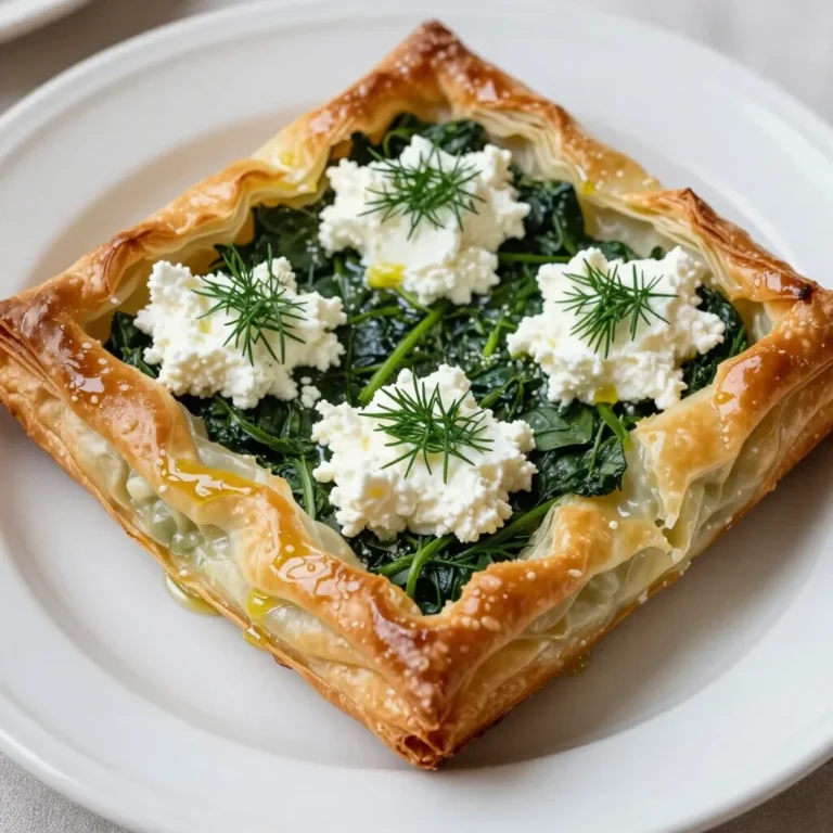 - 1 pound fresh spinach, thoroughly washed and coarsely chopped - 1 cup feta cheese, crumbled - 1 cup ricotta cheese - 1 medium onion, finely chopped - 3 cloves garlic, minced - 1/4 cup fresh dill, finely chopped (or 1 tablespoon dried dill) - 1/4 cup extra virgin olive oil - 1 package (16 oz) phyllo dough, thoroughly thawed - 1 egg, beaten (for egg wash) - Salt and freshly ground black pepper to taste Fresh spinach is the star of spanakopita. It gives the dish a bright, fresh taste. Feta cheese adds a tangy flavor, while ricotta gives a creamy texture. Onion and garlic provide a savory base for the filling. Dill brings an aromatic touch, making it truly Greek. Olive oil keeps the phyllo crispy and golden. If you can't find fresh spinach, you can use frozen spinach. Just make sure to drain it well. For a different flavor, try goat cheese instead of feta. You can also mix in some chopped artichokes for extra depth. For a dairy-free option, use vegan cheese or silken tofu in place of ricotta and feta. {{ingredient_image_2}} Start by getting your pan ready. Heat 2 tablespoons of olive oil in a large skillet over medium heat. Add the finely chopped onion. Cook it until it looks clear, about 5 minutes. Then, add 3 minced garlic cloves. Stir this mix for 1 more minute. This brings out the garlic's great taste. Now, it’s time to add the fresh spinach. Toss in 1 pound of washed and chopped spinach. Keep stirring until it wilts down and the water cooks off. This should take around 3 to 4 minutes. Season with salt and freshly ground black pepper to your liking. After cooking, take the skillet off the heat. Let the mixture cool for a bit. Grab a big mixing bowl. Combine the cooled spinach mix with 1 cup of crumbled feta cheese, 1 cup of ricotta cheese, and 1/4 cup of chopped dill. Mix it well. Taste the filling and add more salt or pepper if needed. Preheat your oven to 375°F (190°C). Now, take your phyllo dough and lay out the sheets on a clean cloth. Keep them covered with a damp towel to stop them from drying out. Brush a 9x13 inch baking dish with olive oil. Lay your first sheet of phyllo in the dish. Brush it with more olive oil. Repeat this with 5 to 6 more sheets, brushing oil each time. Spread your spinach and cheese mix evenly over the phyllo layers. Next, add more phyllo sheets on top of the filling, using 5 to 6 more sheets. Brush each one with olive oil and tuck the edges in around the filling. Use a sharp knife to cut the top layers into squares or diamonds. Brush the top with a beaten egg for that golden look. Bake your spanakopita for 30 to 35 minutes. It’s ready when the top is golden brown and crispy. Once baked, let it cool for 10 minutes. Then, slice it up and enjoy! To get that perfect crunchy texture, keep the phyllo dough moist. Lay it on a clean towel and cover it with a damp cloth. This stops it from drying out. Brush each layer with olive oil. This adds flavor and keeps the layers crisp. Use about 5-6 sheets for the bottom and the same for the top. This helps create a strong base and a nice crust. Want to amp up the flavor? Add some zest! A squeeze of lemon juice can brighten the filling. You can also mix in some grated nutmeg for warmth. If you love spice, a pinch of red pepper flakes adds a nice kick. Fresh herbs like parsley or mint can give it a fresh twist. Always taste your filling to balance the flavors. Sometimes, issues pop up while making spanakopita. If the phyllo tears, don’t worry! Just patch it with another piece. If it’s soggy, you may have added too much filling. Make sure to drain any excess moisture from the spinach. If it browns too fast in the oven, cover it with foil. This helps it cook evenly without burning. Pro Tips Use Fresh Spinach: For the best flavor and texture, opt for fresh spinach over frozen. It will give your spanakopita a vibrant taste and a better bite. Layering Phyllo Dough: Ensure each layer of phyllo dough is generously brushed with olive oil to achieve a crisp, flaky texture. Don't rush this step! Seasoning the Filling: Always taste your filling before assembling the pie. Adjust the seasoning to your preference, especially with salt and pepper, to enhance the overall flavor. Cooling Time: Allow the spanakopita to cool for a few minutes after baking. This helps set the filling and makes slicing easier without making a mess. {{image_4}} You can make your spanakopita even tastier by adding more cheeses. Try mixing in a bit of goat cheese for a tangy flavor. You can also use mozzarella for extra creaminess. Just keep in mind that different cheeses will change the taste and texture. Blend them well with the spinach and herbs to create a unique filling. Herbs and spices can give your spanakopita a fresh twist. You can add parsley or basil for a fragrant touch. A pinch of nutmeg can also enhance the flavor, giving it warmth. Experiment with what you have on hand. Just remember to balance the flavors so they work together in harmony. If you want a vegan spanakopita, it's easy to switch out some ingredients. Replace the feta and ricotta with a vegan cheese blend. You can also use mashed tofu mixed with nutritional yeast for a cheesy taste. Instead of egg for the wash, use a mix of plant milk and a little oil. This way, you keep the deliciousness while making it plant-based! After you enjoy your spanakopita, let it cool completely. Then, store it in an airtight container. This keeps it fresh and tasty. You can also wrap it tightly in plastic wrap or foil. Make sure it is sealed well to prevent drying out. Leftover spanakopita stays good in the fridge for up to 3 days. When you want to eat your leftover spanakopita, you can reheat it easily. The best way is to use an oven. Preheat the oven to 350°F (175°C). Place the pie on a baking sheet and cover it with foil. This helps keep it from getting too brown. Heat it for about 15-20 minutes. You can also use a microwave if you are in a hurry. Just heat it for 1-2 minutes, but the phyllo might not stay crispy. Freezing spanakopita is a great option if you want to save it for later. Let the pie cool down first. Then, cut it into portions. Wrap each piece in plastic wrap, then place them in a freezer bag. Remove as much air as possible before sealing. Spanakopita can stay in the freezer for up to 2 months. When you are ready to eat it, thaw it in the fridge overnight before reheating. Spanakopita lasts about 3 to 5 days in the fridge. Store it in an airtight container. This keeps it fresh and prevents it from drying out. Always check for any signs of spoilage before enjoying leftovers. Yes, you can make Spanakopita ahead of time. You can prepare it and freeze it before baking. Just wrap it well in plastic wrap and then foil. When you are ready to bake, remove it from the freezer and let it thaw in the fridge overnight. Bake as normal for a fresh taste. Spanakopita pairs well with various sides. You can serve it with a simple Greek salad. A side of tzatziki adds a nice touch, too. For a heartier meal, serve it alongside roasted vegetables or a grain like quinoa. Each option enhances the rich flavors of the pie. In this blog post, we explored the key ingredients for spanakopita and how to prepare it. I shared step-by-step instructions, tips for perfecting phyllo dough, and creative variations. Proper storage methods for leftovers and answers to common questions helped round out the topic. Spanakopita is simple and fun to make. Try different herbs or cheeses to make it your own. Enjoy this tasty dish with friends and family, and impress them with your skills. Happy cooking!